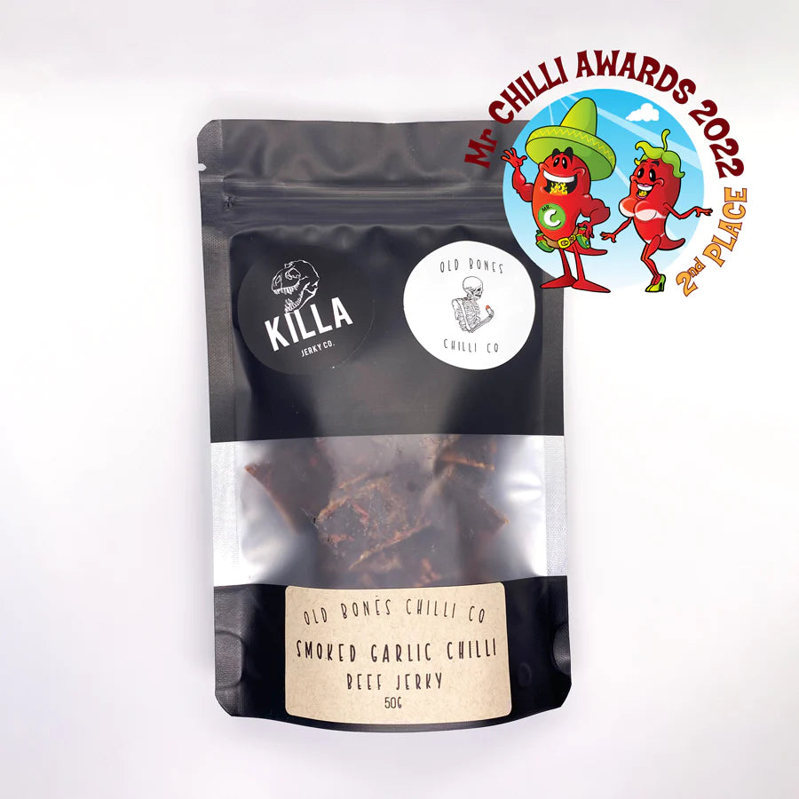 Old Bones Chilli Co X Killa Jerky Co Smoked Garlic Chilli Beef Jerky - 50G